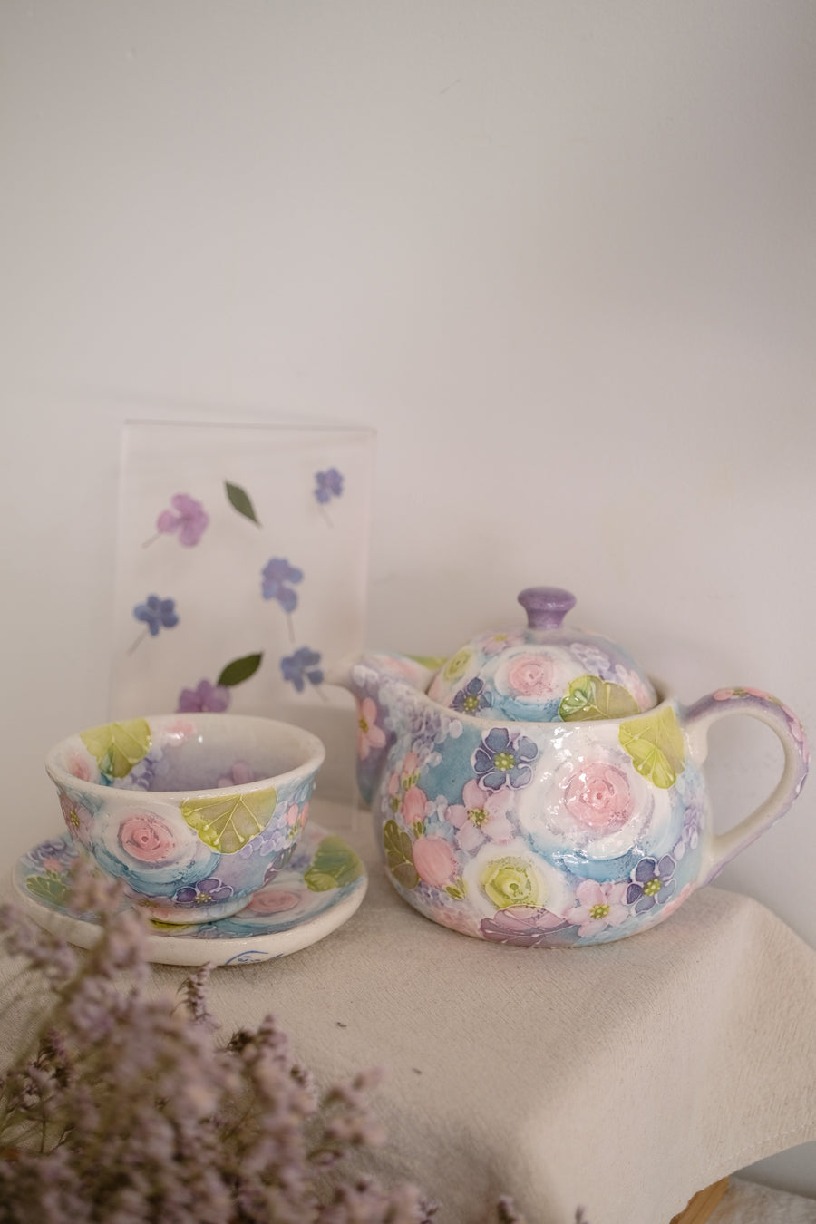 Seto Ware Flower Teapot and Tea cup with Saucer - Purple