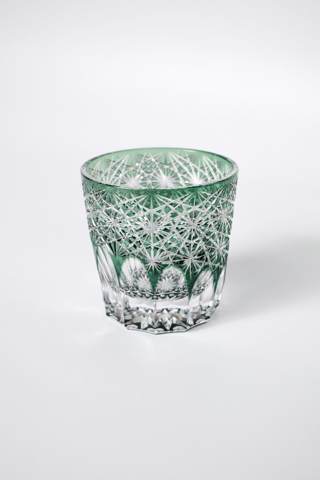 Edo Kiriko Whisky Glass Rock Glass "Large Chrysanthemum" Green by Junichi Nabetani, Master of traditional crafts