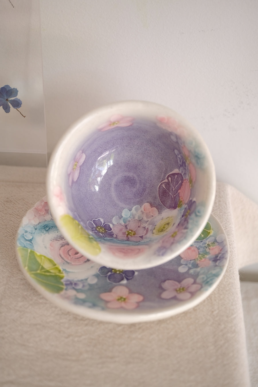 Seto Ware Flower Teapot and Tea cup with Saucer - Purple