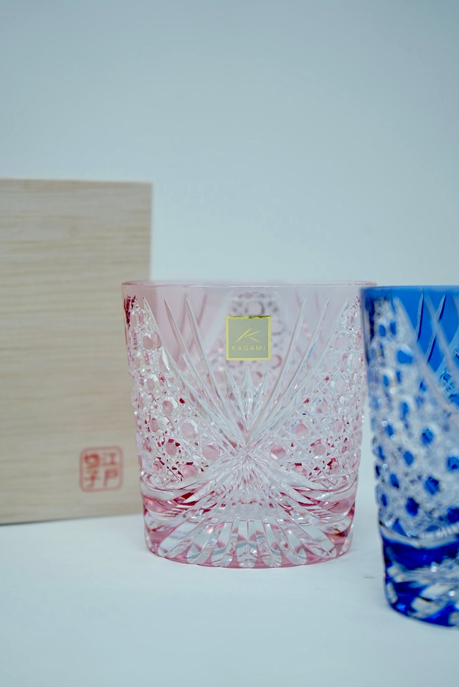 Kagami Crystal - A pair of Whisky Glasses, Edo Kiriko "Tasuki (sash)"