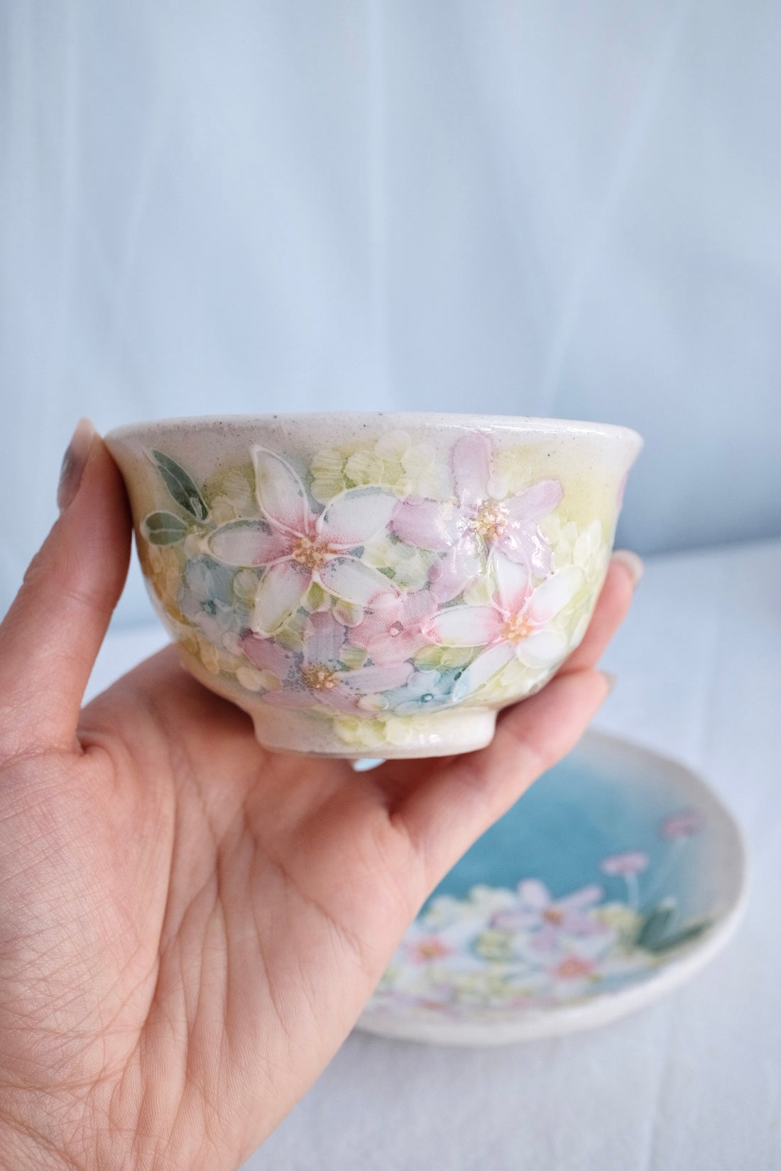 Seto Ware Flower Tea cup with Saucer - Green