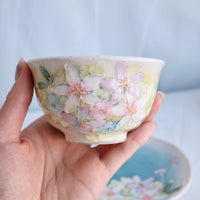 Seto Ware Flower Tea cup with Saucer - Green