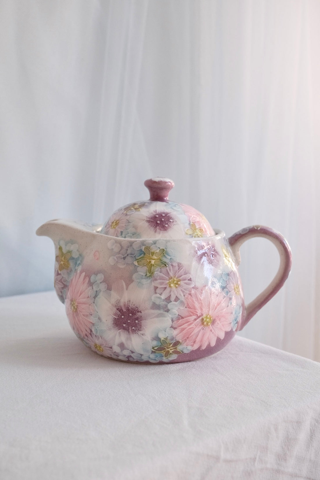 Seto Ware Flower Teapot and Tea cup with Saucer - Purple