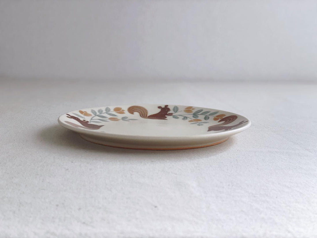 Buncho Pottery 7寸/Plate of squirrels and tulips