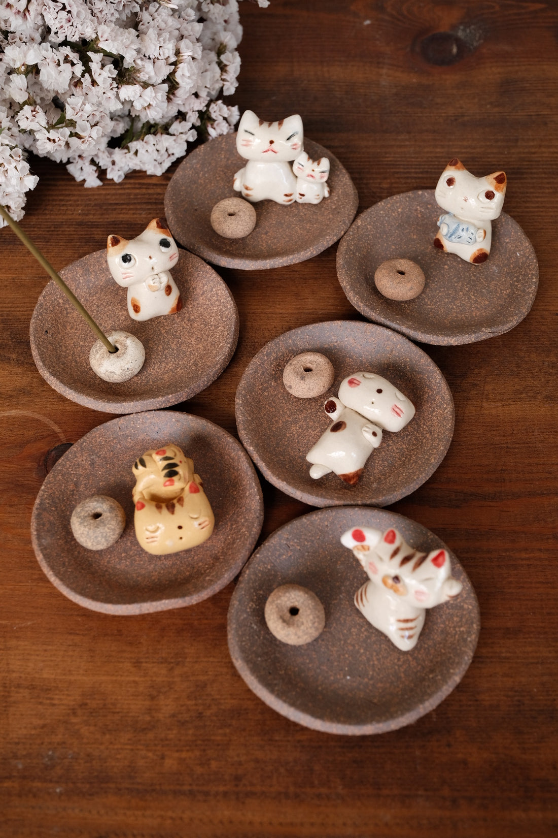 Japanese Clay Animals Incense Holder - Cat Collection