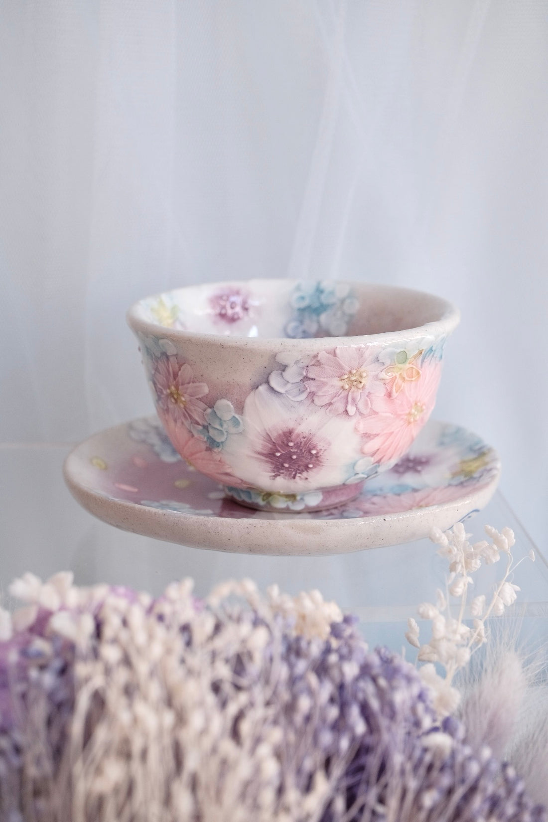 Seto Ware Flower Teapot and Tea cup with Saucer - Purple