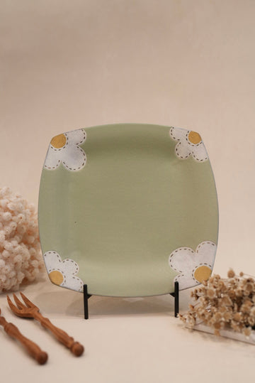 Kei Mitsumochi ミツ持啓 24cm Rectangle Plate - Green Flower KM24
