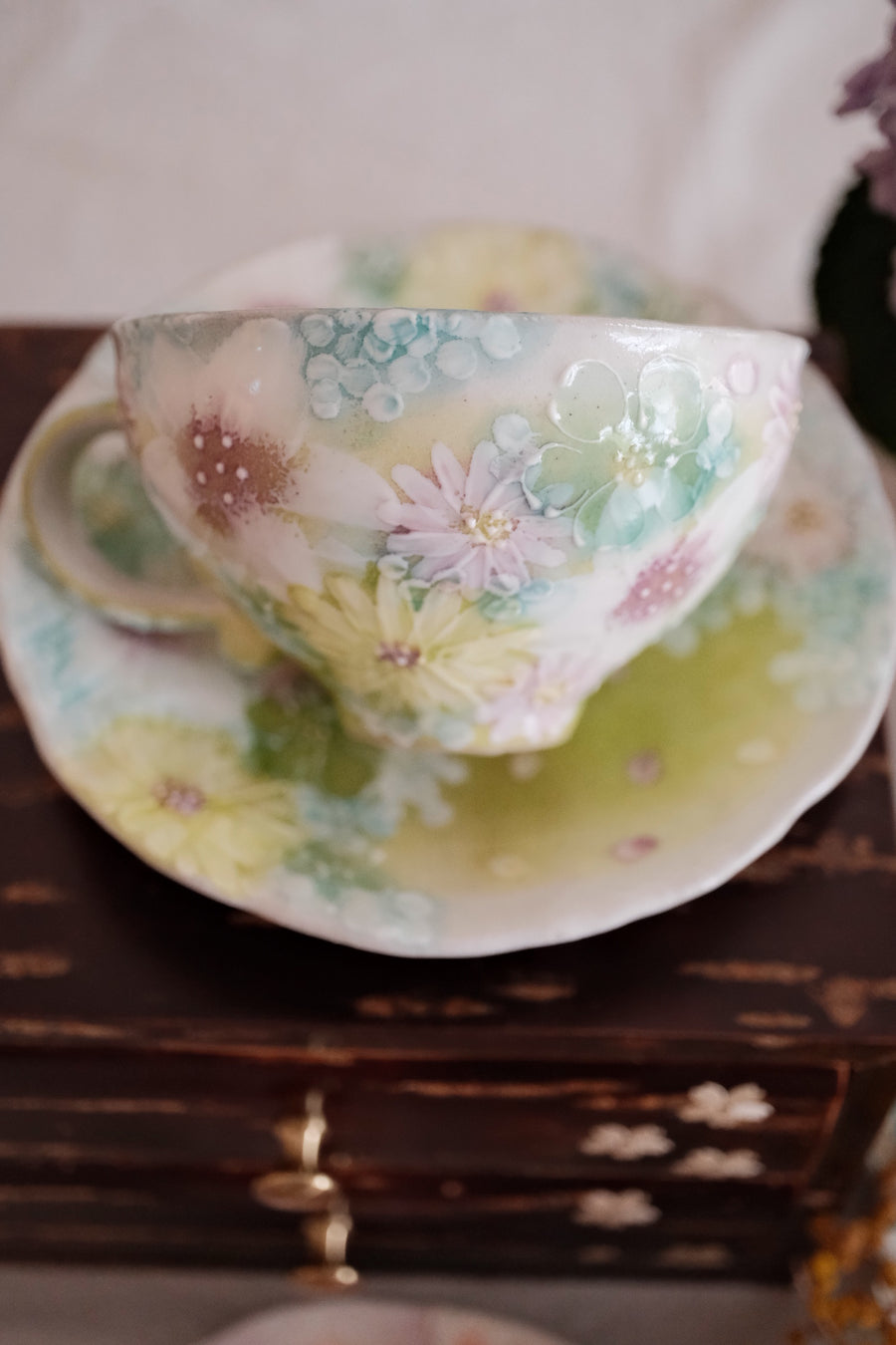 Seto Ware Flower Coffee Cup With Saucer