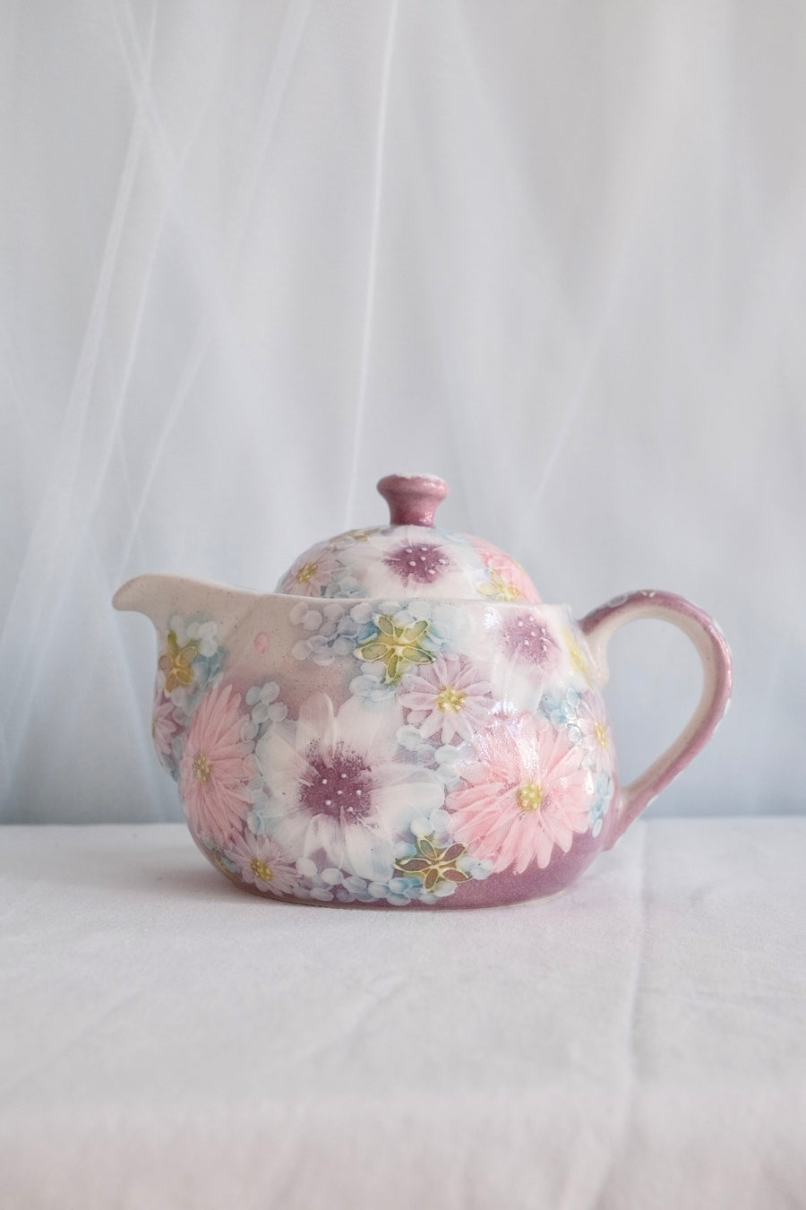 Seto Ware Flower Teapot and Tea cup with Saucer - Purple