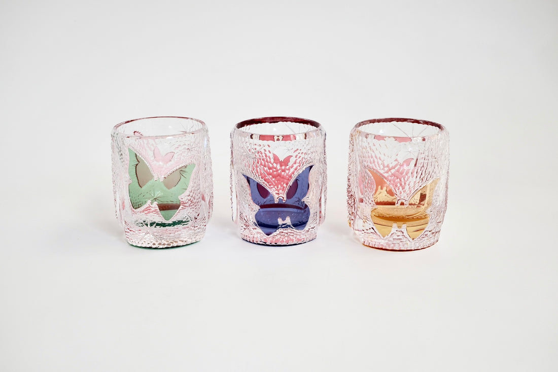 Edo Kiriko Whisky Glass Rock Glass "Butterfly" Yellow/Red by Junichi Nabetani, Master of traditional crafts
