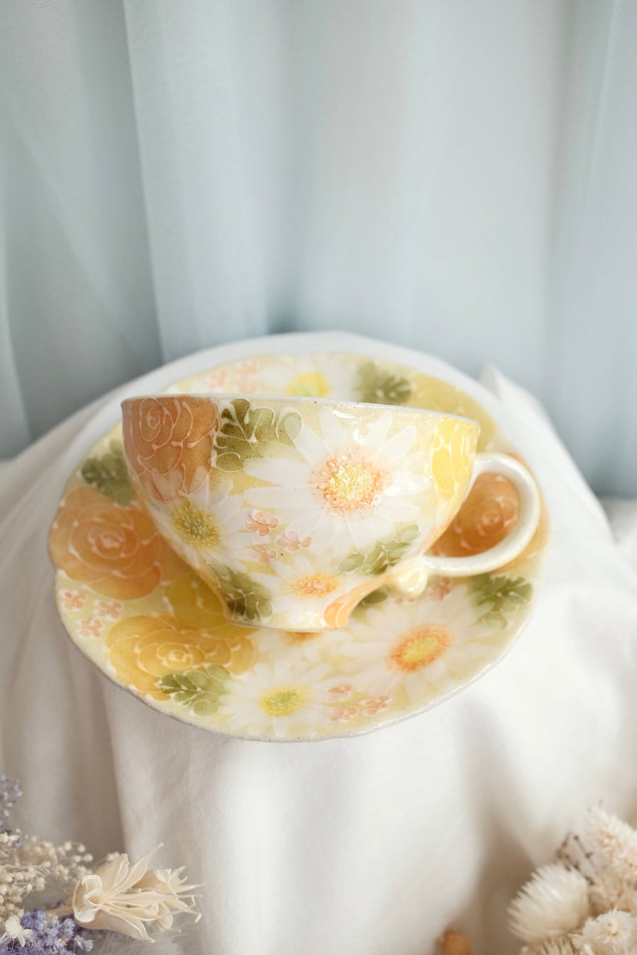 Seto Ware Flower Coffee Cup With Saucer
