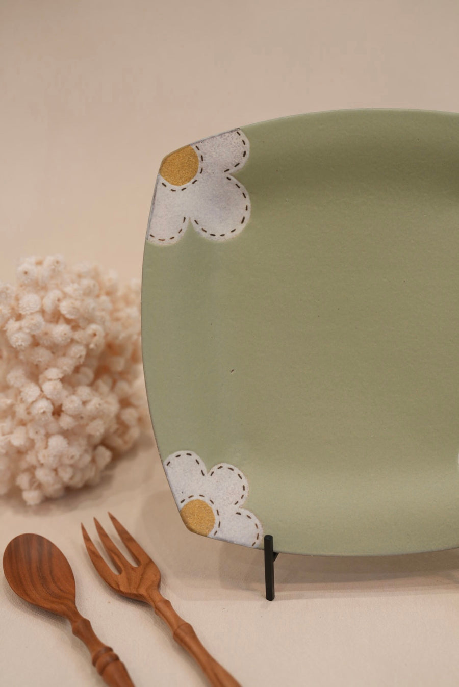 Kei Mitsumochi ミツ持啓 24cm Rectangle Plate - Green Flower KM24