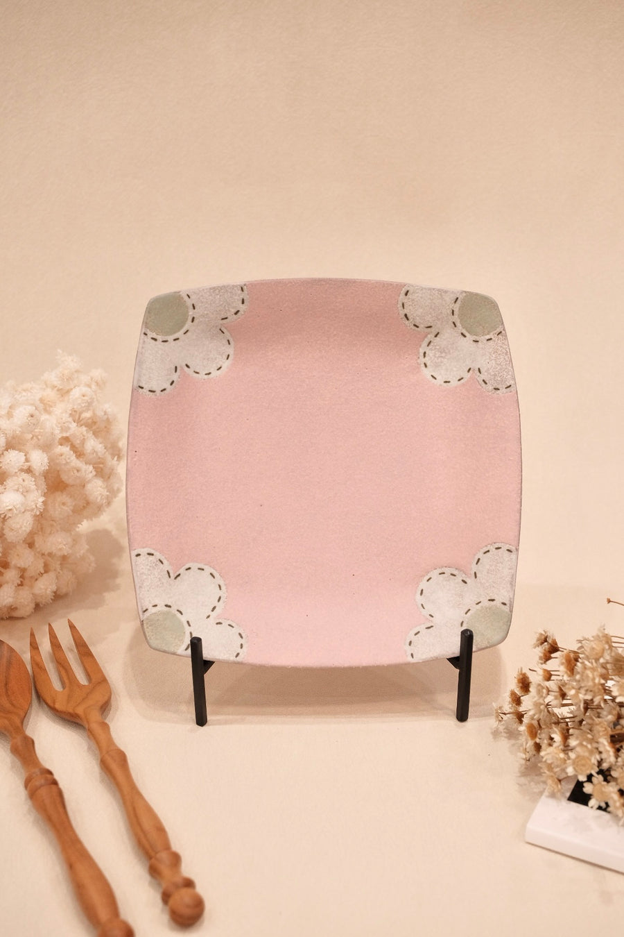 Kei Mitsumochi ミツ持啓 17cm Rectangle Plate - Pink Flower KM28