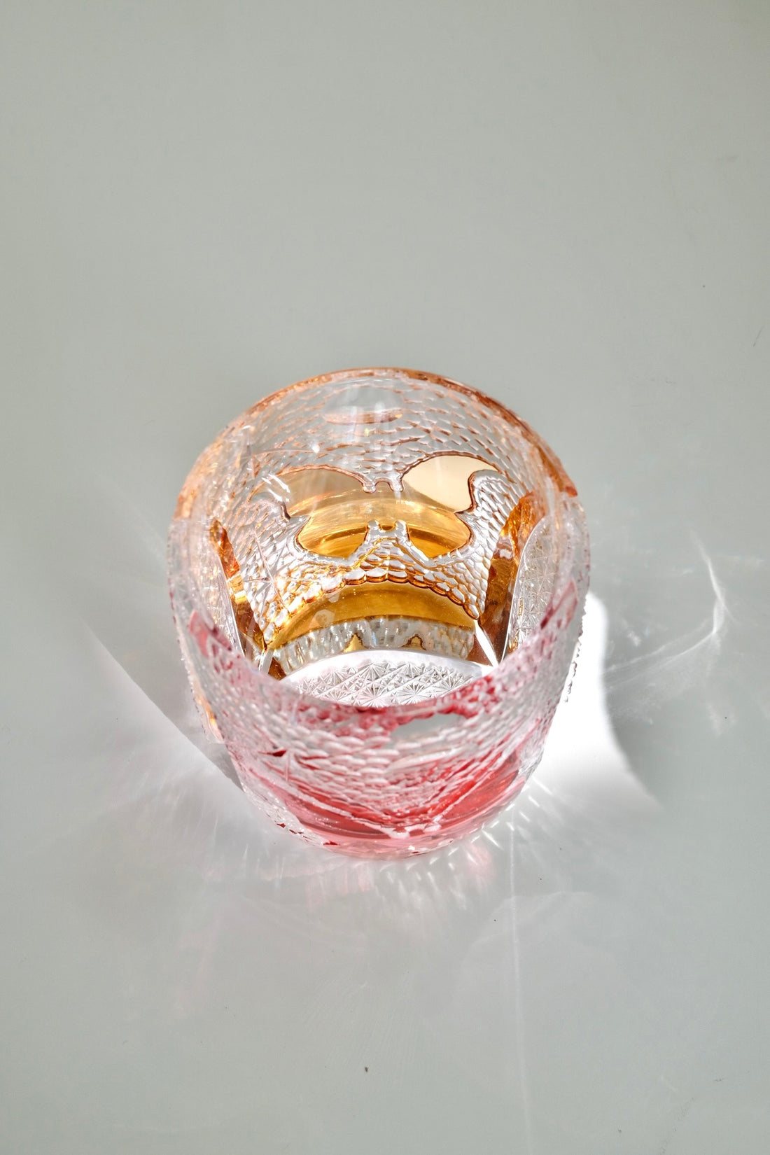 Edo Kiriko Whisky Glass Rock Glass "Butterfly" Yellow/Red by Junichi Nabetani, Master of traditional crafts