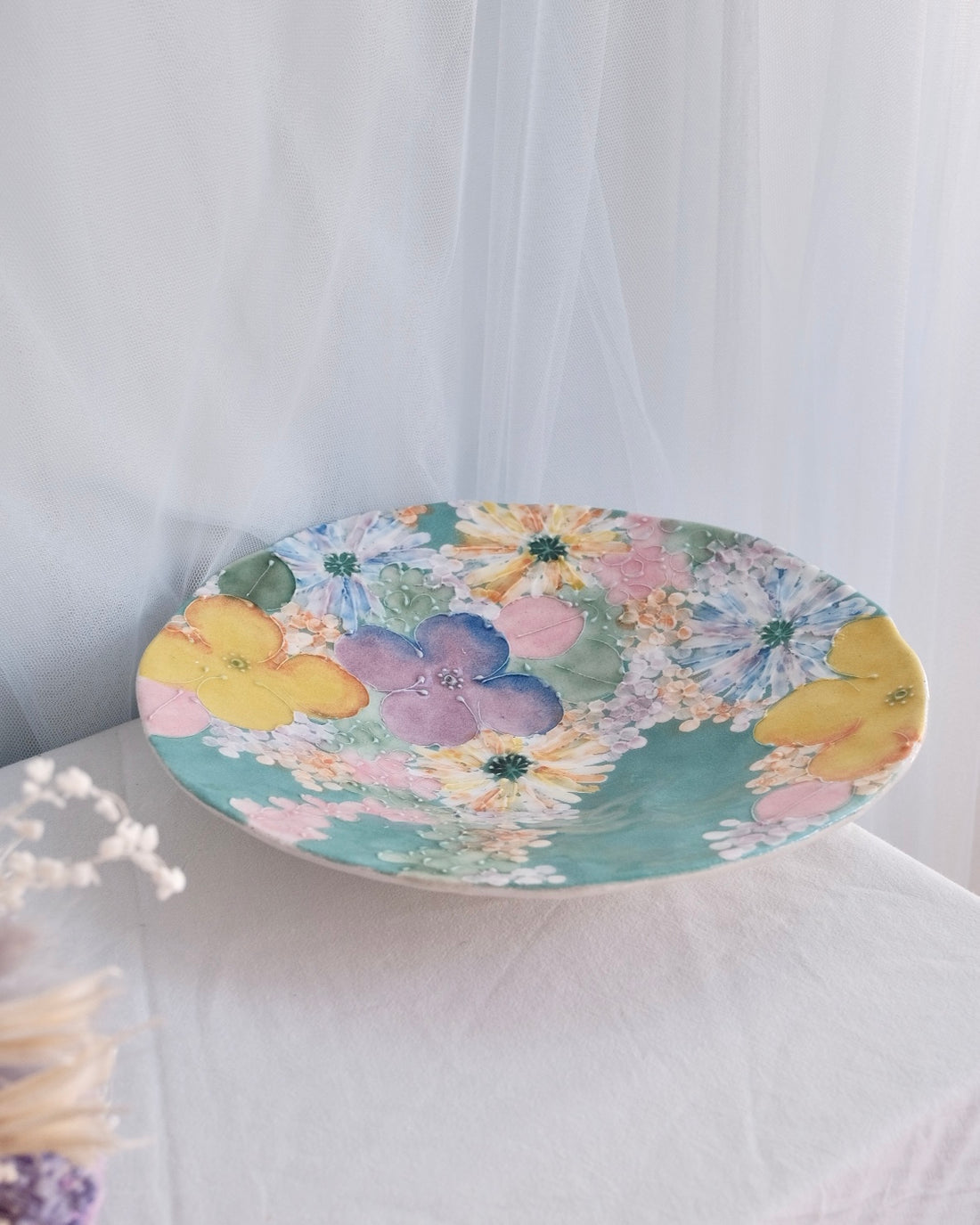 Seto Ware Flower Turquoise Pasta Plate