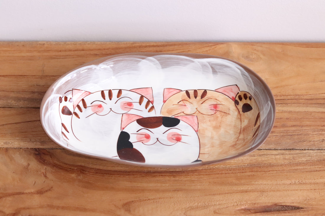 Hasami Arita ware Friendly Cat Curry Plates Oval Cat