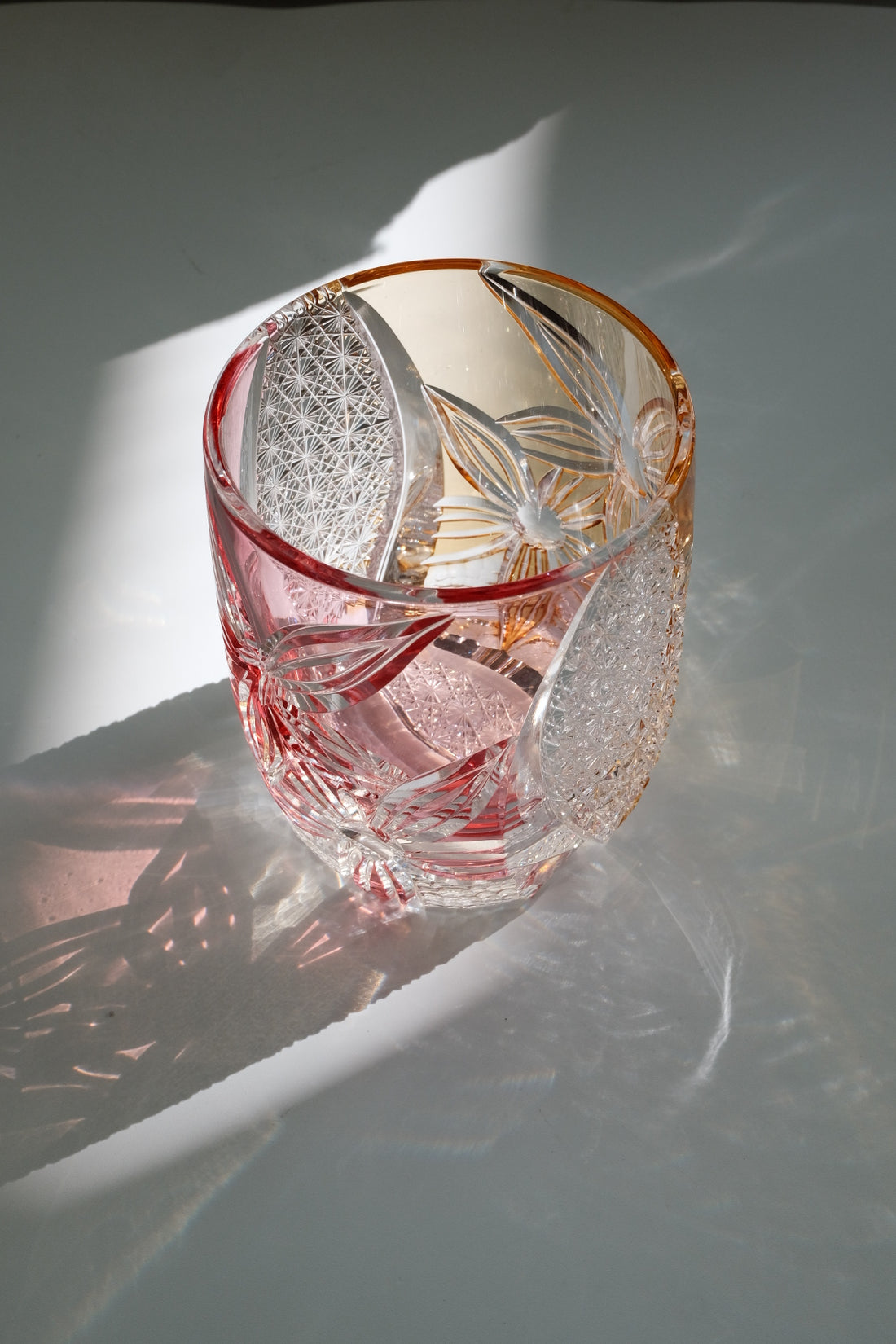 Edo Kiriko Whisky Glass Rock Glass "Flower" Yellow/Red by Junichi Nabetani, Master of traditional crafts