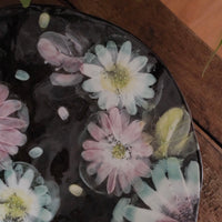 Iroe Hanageshou Hand-Painted Black Pasta Plate (Red Flower Pattern)