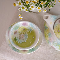 Seto Ware Flower Teapot and Tea cup with Saucer - Green