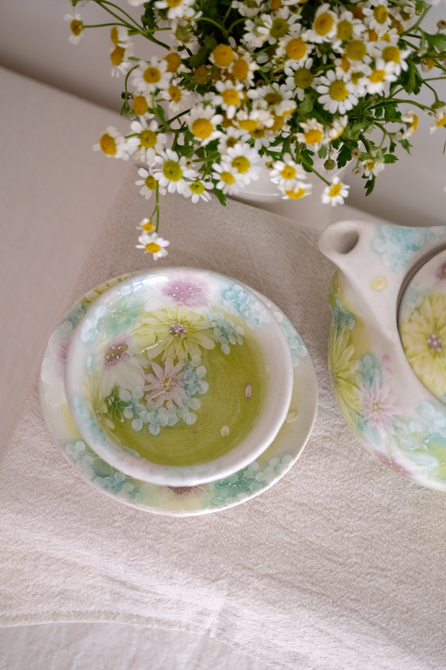 Seto Ware Flower Teapot and Tea cup with Saucer - Green