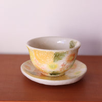 Seto Ware Flower Teapot and Tea cup with Saucer -Yellow