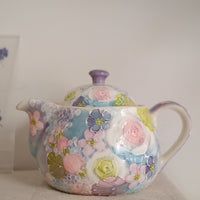 Seto Ware Flower Teapot and Tea cup with Saucer - Purple