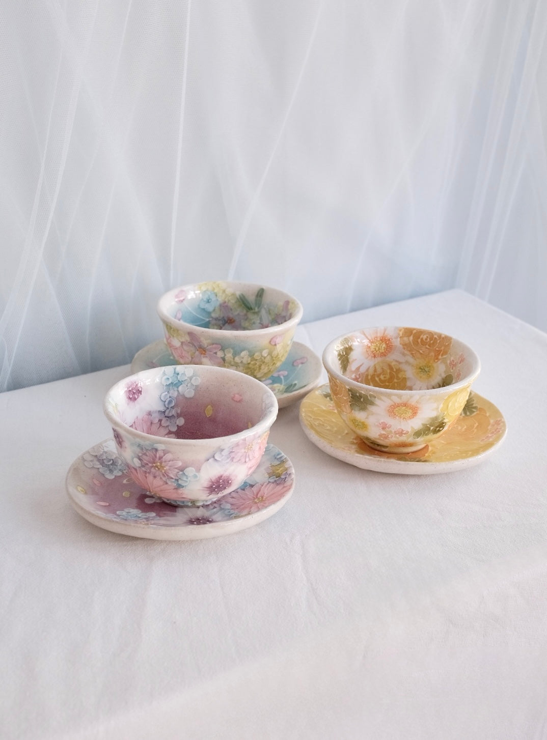 Seto Ware Flower Teapot and Tea cup with Saucer - Purple