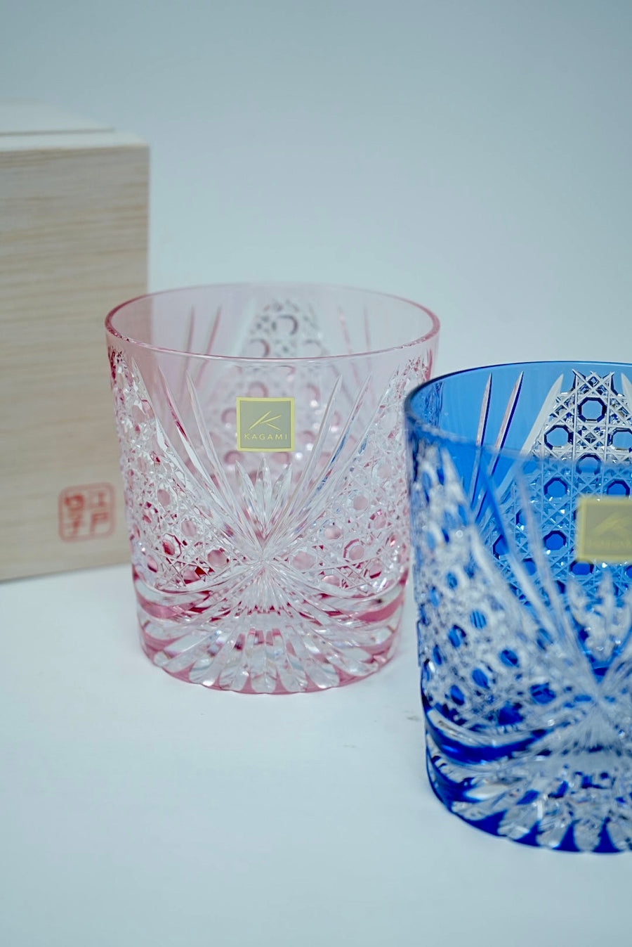 Kagami Crystal - A pair of Whisky Glasses, Edo Kiriko "Tasuki (sash)"