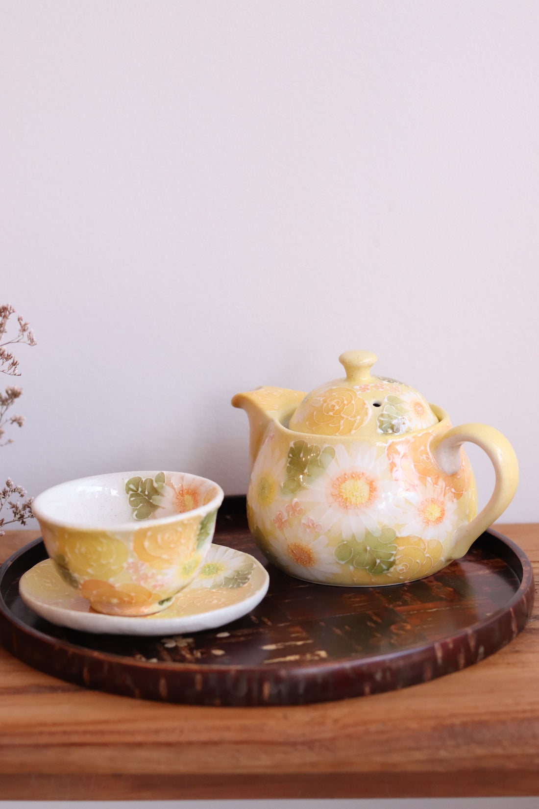 Seto Ware Flower Teapot and Tea cup with Saucer -Yellow