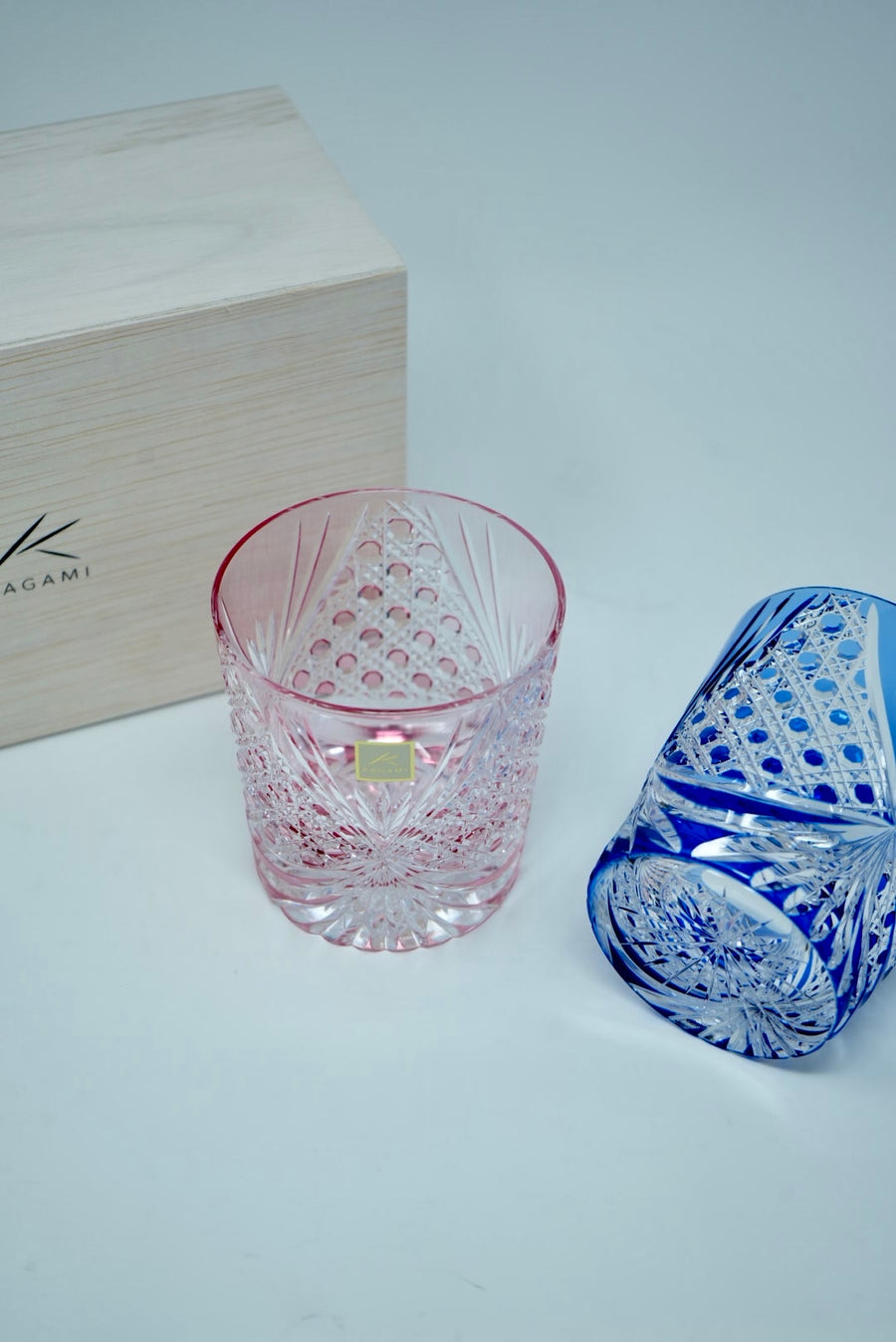 Kagami Crystal - A pair of Whisky Glasses, Edo Kiriko "Tasuki (sash)"