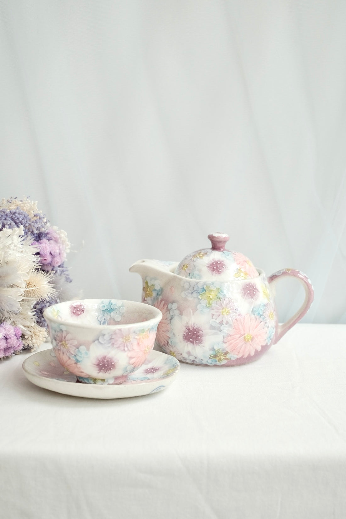 Seto Ware Flower Teapot and Tea cup with Saucer - Purple