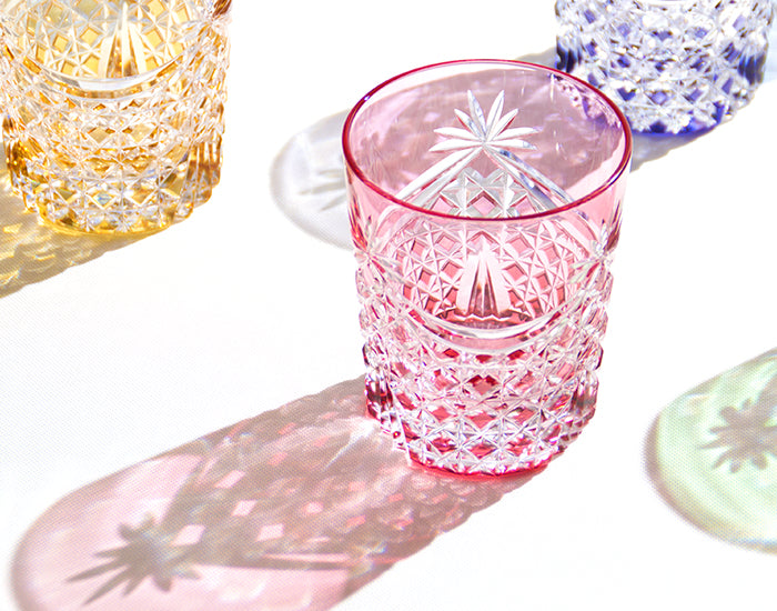 Kagami Crystal - Whiskey Glass, Edo Kiriko “Drape & Tetragonal Basket Weave” - Red