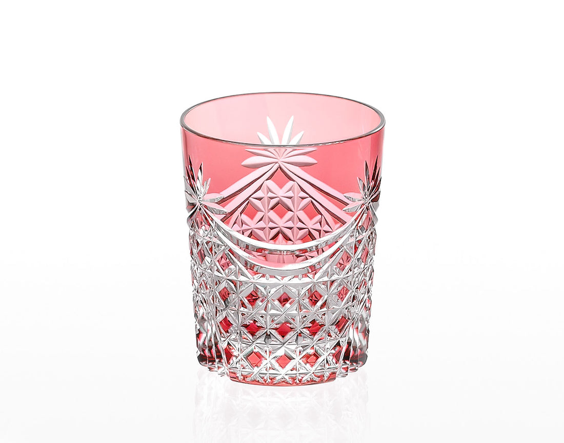 Kagami Crystal - Whiskey Glass, Edo Kiriko “Drape & Tetragonal Basket Weave” - Red