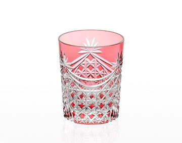 Kagami Crystal - Whiskey Glass, Edo Kiriko “Drape & Tetragonal Basket Weave” - Red
