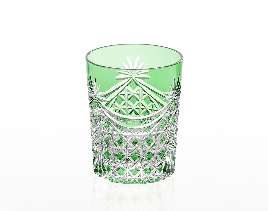 Kagami Crystal - Whiskey Glass, Edo Kiriko “Drape & Tetragonal Basket Weave” - Green