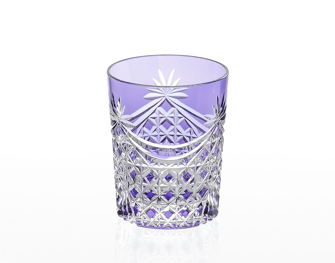 Kagami Crystal - Whiskey Glass, Edo Kiriko “Drape & Tetragonal Basket Weave” - Purple