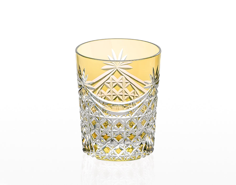 Kagami Crystal - Whiskey Glass, Edo Kiriko “Drape & Tetragonal Basket Weave” - Yellow