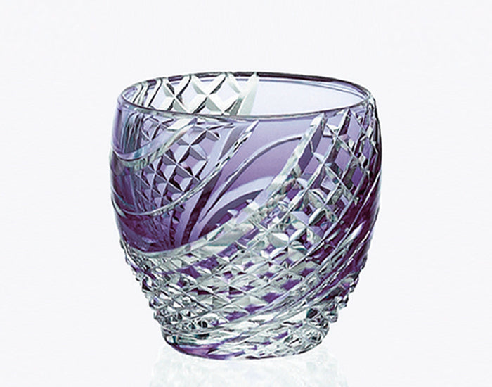 Kagami Crystal - Sake Glass, Edo Kiriko "Fish scales strip" Pruple