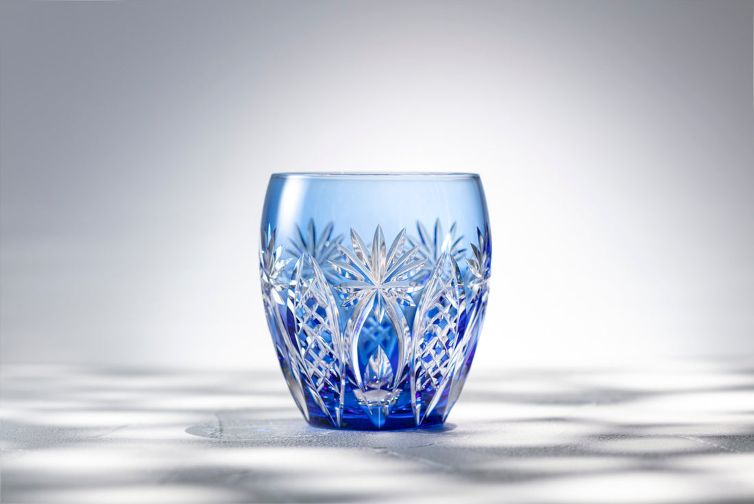 Kagami Crystal - Whiskey Glass, Edo Kiriko “Bamboo Fence & Star” - Blue