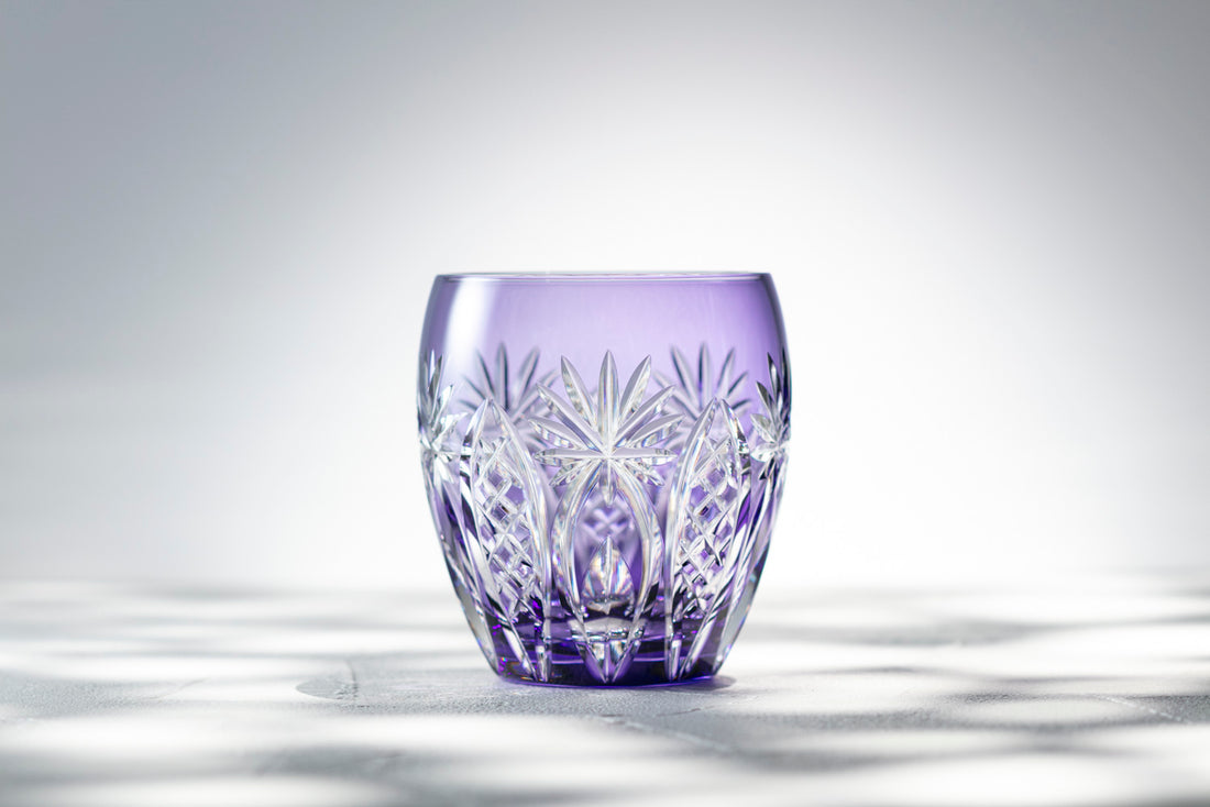 Kagami Crystal - Whiskey Glass, Edo Kiriko “Bamboo Fence & Star” - Purple
