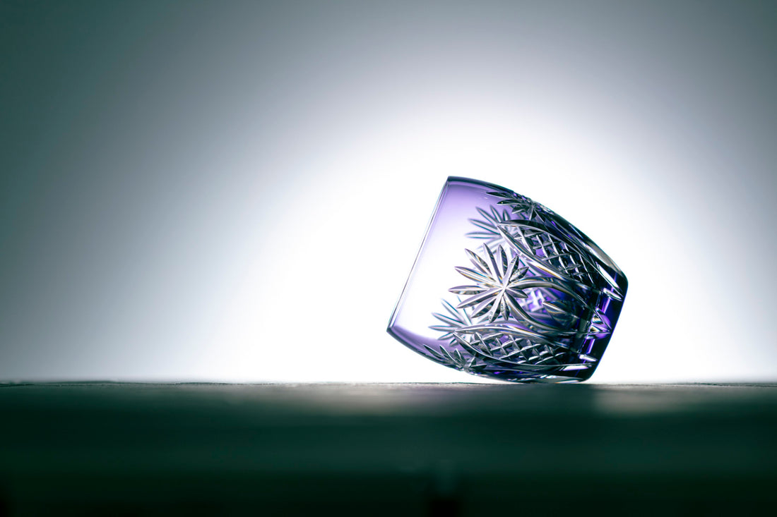 Kagami Crystal - Whiskey Glass, Edo Kiriko “Bamboo Fence & Star” - Purple