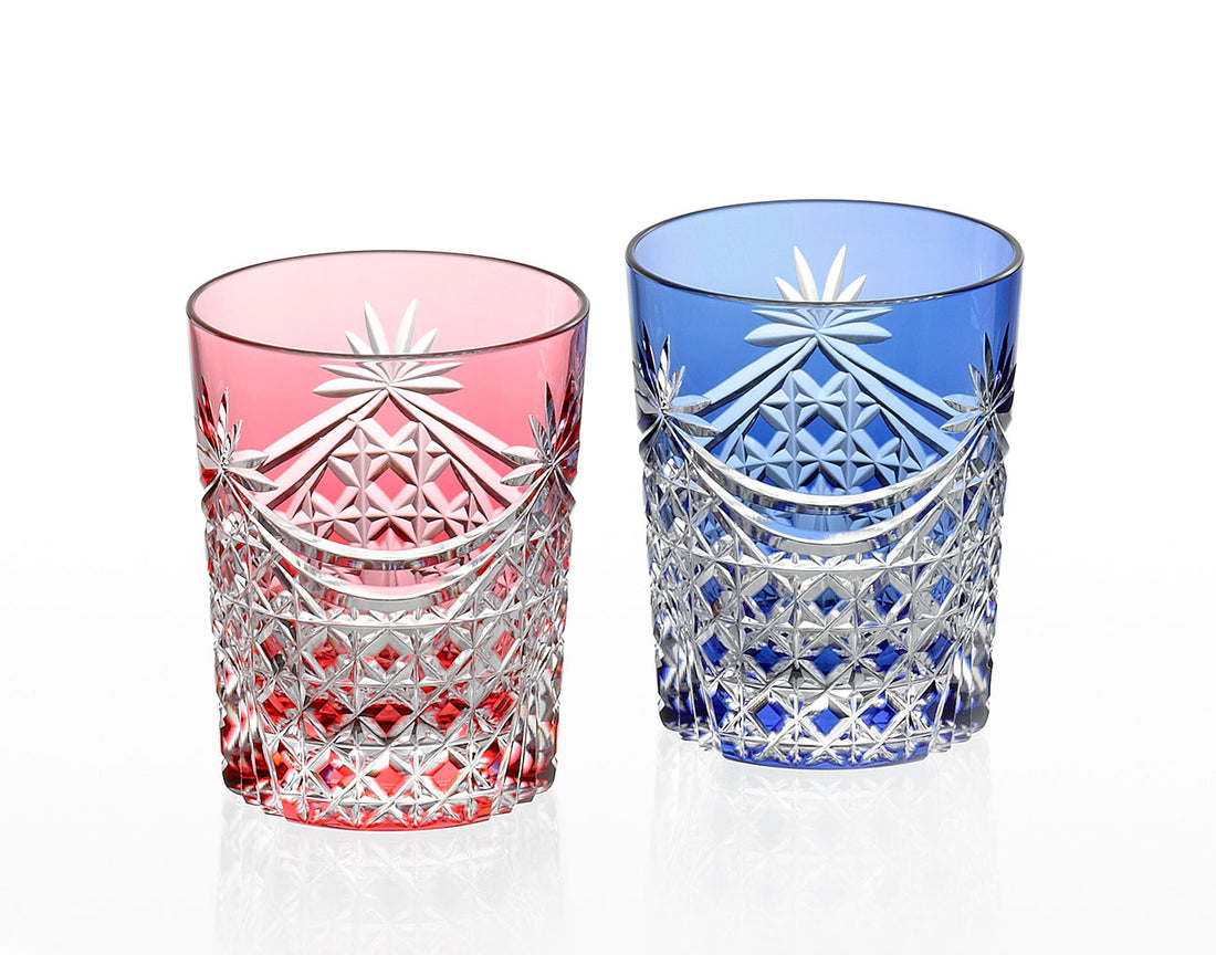 Kagami Crystal - A Pair of Whiskey Glasses, Edo Kiriko “Drape & Tetragonal Basket Weave”