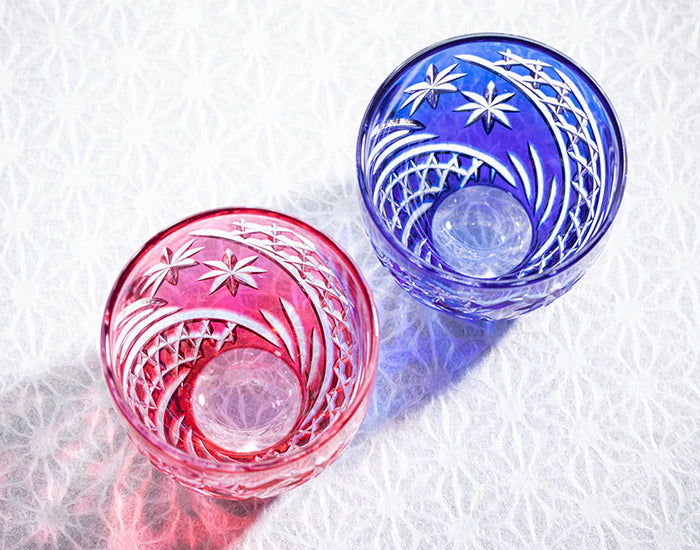 Kagami Crystal - A pair of Sake Glasses, Edo Kiriko “Seibo (starry sky)”