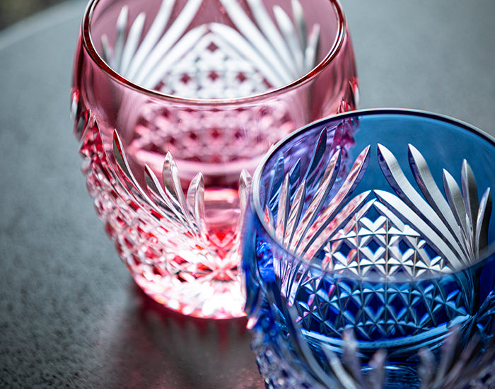 Kagami Crystal - A pair of Whisky Glasses, Edo Kiriko “Rokkaku (deer antlers)”