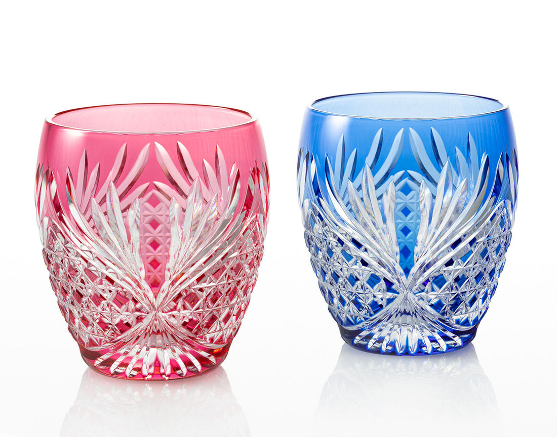Kagami Crystal - A pair of Whisky Glasses, Edo Kiriko “Rokkaku (deer antlers)”
