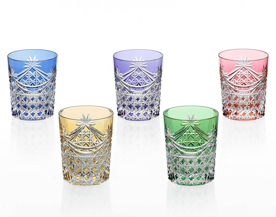 Kagami Crystal - Whiskey Glass, Edo Kiriko Set of 5 Whiskey Glasses “Drape & Tetragonal Basket Weave”