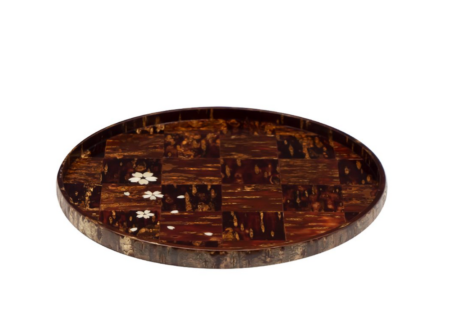 Yatsuyanagi Shell Inlay Sakura Round Tea Tray Checkered Pattern