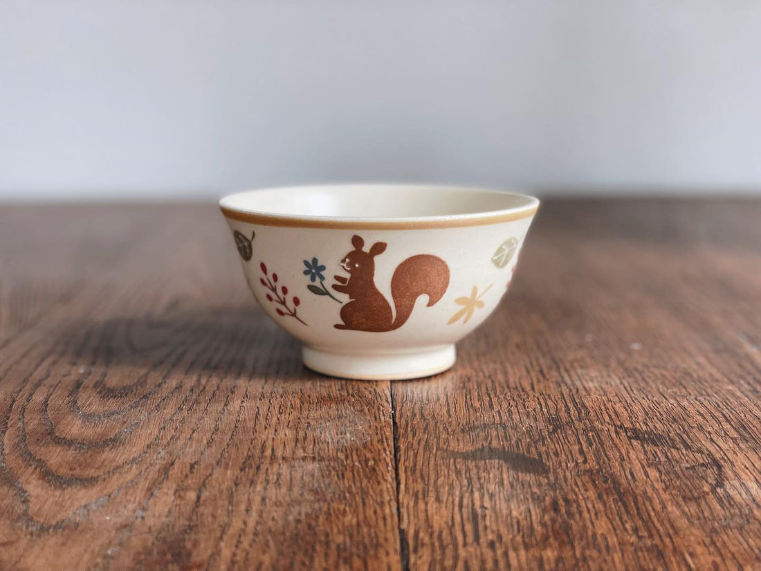 Buncho Pottery Squirrel w Daisy Rice Bowl - Blue