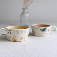 Buncho Pottery Bird and flower soup cup - Blue