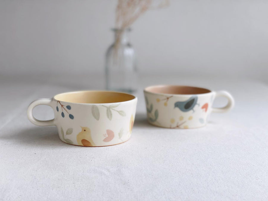 Buncho Pottery Bird and flower soup cup - Yellow